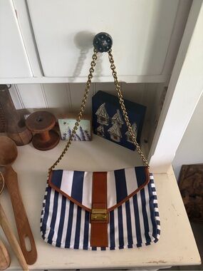 J.Crew Striped Navy and White Shoulder Bag with Brown Trim